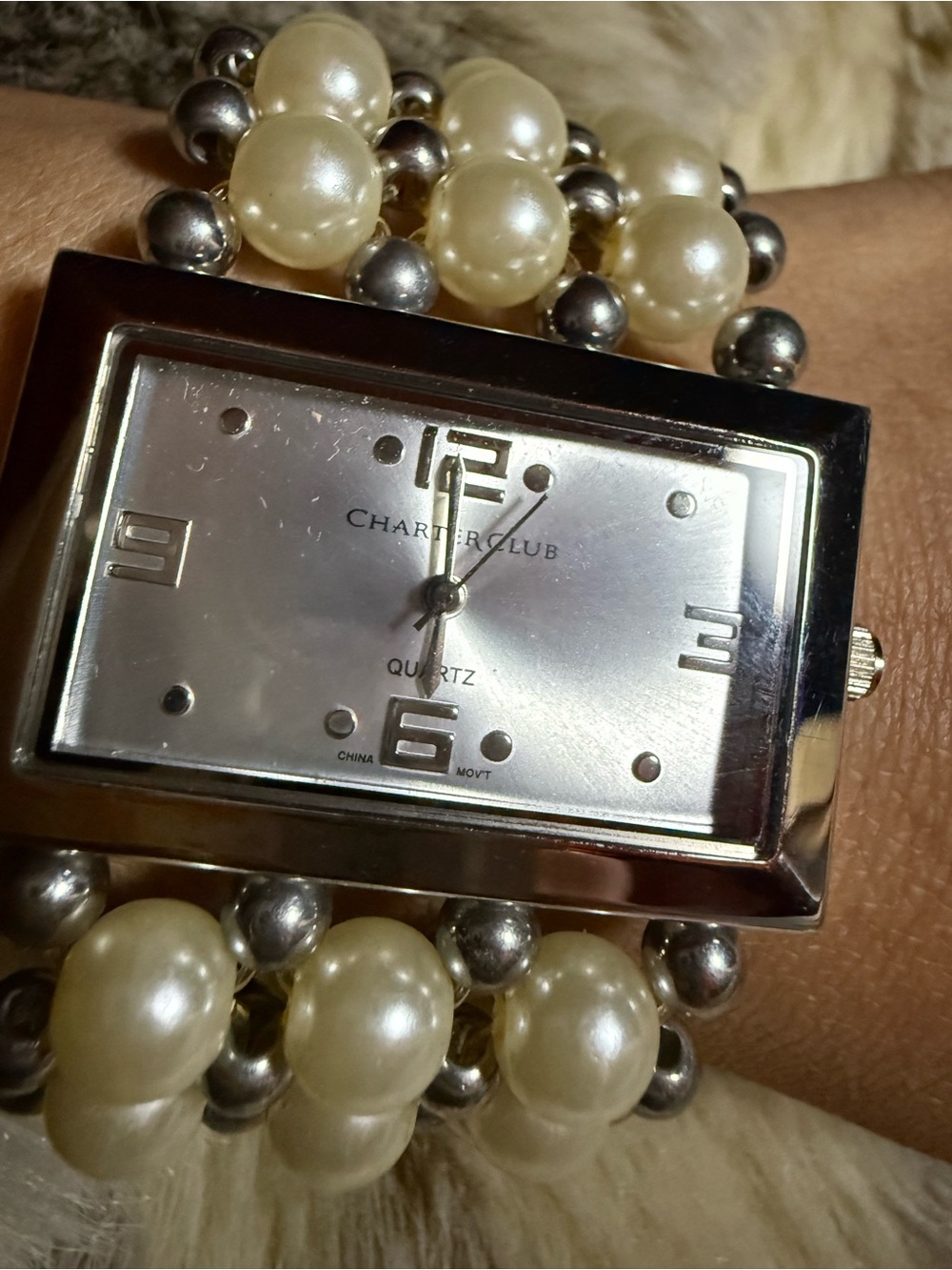 Charter Club Silver-Tone Dial Watch with Cream Faux Pearl Stretch Band